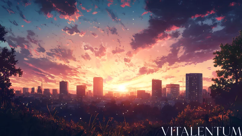 City skyline silhouettes under intense digital sunset light