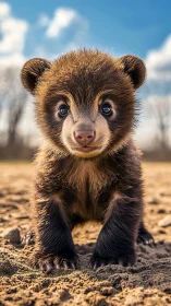 Bright-eyed bear cub stands curious on a sunny sandy path