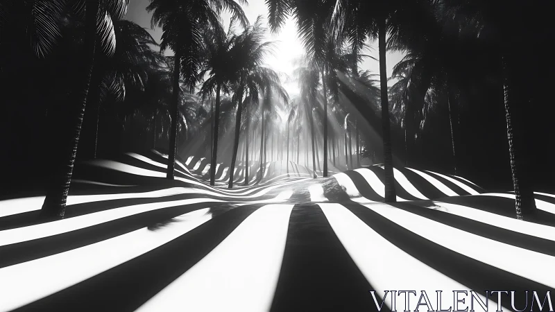 Monochrome palm grove with striped undulating ground.