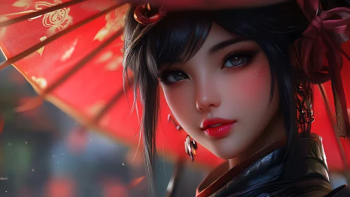Geisha portrait under red parasol in luminous close-up.