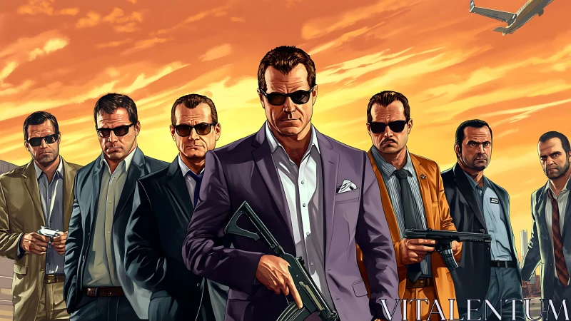 Suited armed group stands before orange sky at airfield