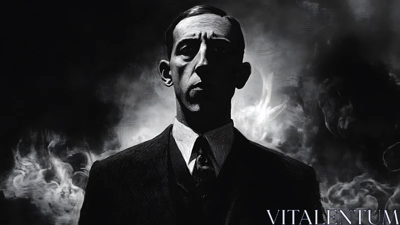 Stoic suited figure framed by swirling monochrome smoke.