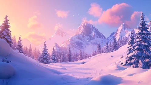 Snowy silence hums beneath pastel sunrise over bold peaks