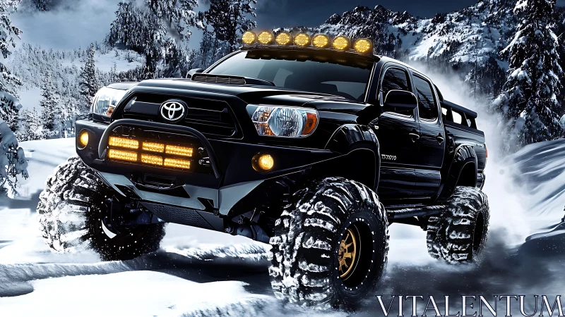 Lifted black off-road truck powers through deep alpine snow.