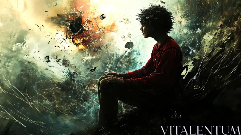 Solitary youth contemplates chaos within a storm of light