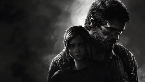 Monochrome digital painting of two figures in dramatic chiaroscuro.