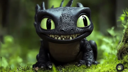 Tiny forest dragon grins wide, guarding its mossy kingdom