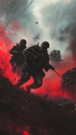 Soldiers advance through burning battlefield under dense smoke