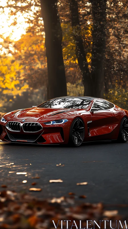 Crimson BMW concept prowls a golden autumn forest road.