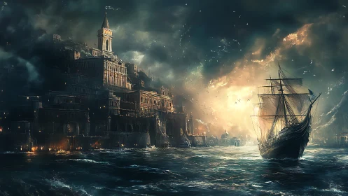 Storm-lit galleon nears towering coastal fortress port