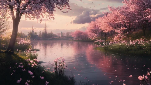 Gentle spring river under drifting pink blossom skies.