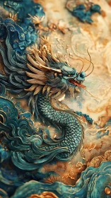 Baroque-style azure dragon coils through gilded stormscape