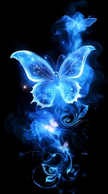 Luminous blue butterflies swirling through ethereal smoke.