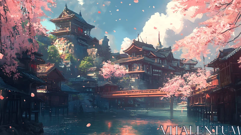Sunlit sakura-lined river frames elevated Japanese temple city