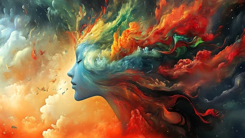 Nebular female profile dissolves into multicolored turbulent clouds