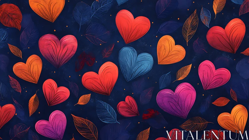 Stylized Botanical Heart Forms with Polychromatic Gradients on Deep Navy Field
