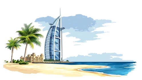 Stylized coastal high‑rise stands beside palm trees and sea