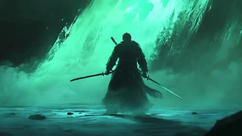 Lone swordsman before a glowing emerald stormgate.