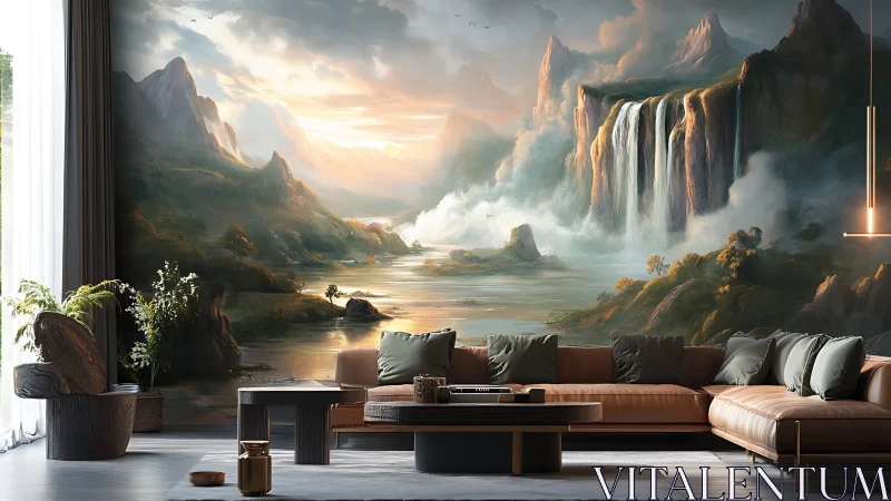 Interior lounge with panoramic waterfall landscape mural.