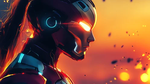 Cybernetic warrior profile glows against blazing sunset sky.