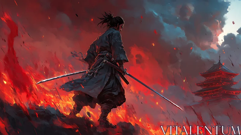 Samurai silhouette on burning slope facing distant pagoda.