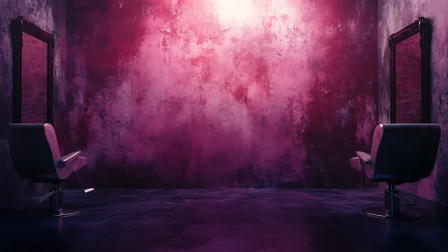 Moody salon interior with twin chairs and mirrors in pink light.