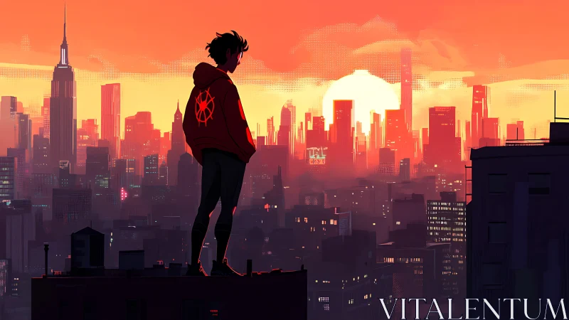 Sunset rooftop watcher gazes over a glowing neon city