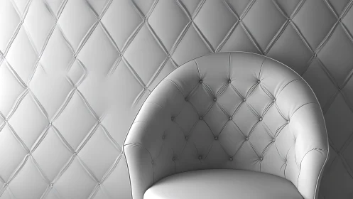 Whisper-soft tufted chair against quilted monochrome wall.