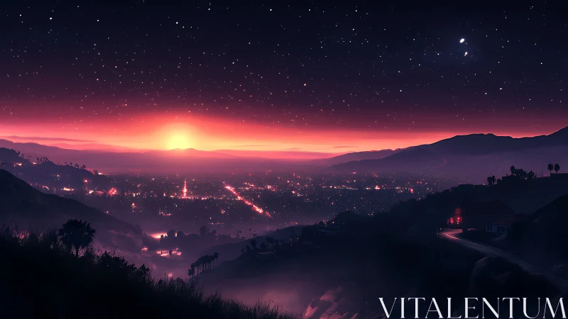 Neon dusk over starlit valley city and winding hillside road.