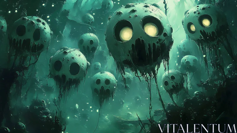 Floating skull lanterns haunt a misty deep-sea graveyard