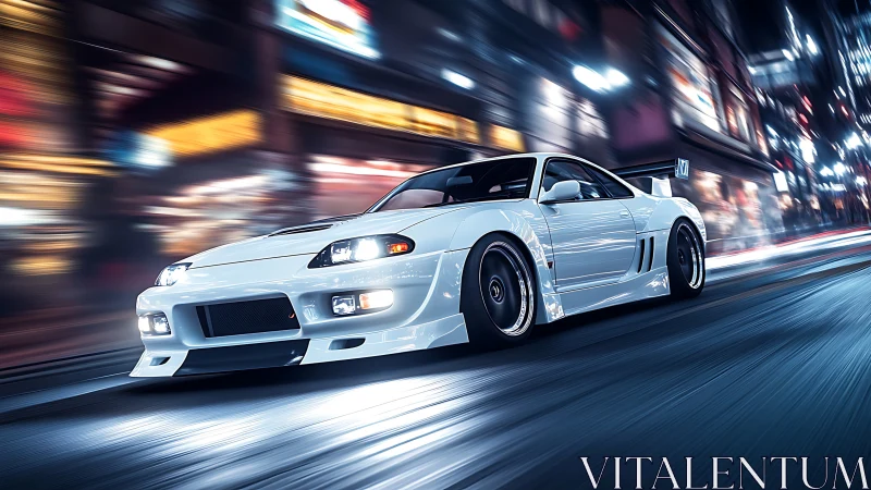 White modified sports coupe on motion-blurred city street.