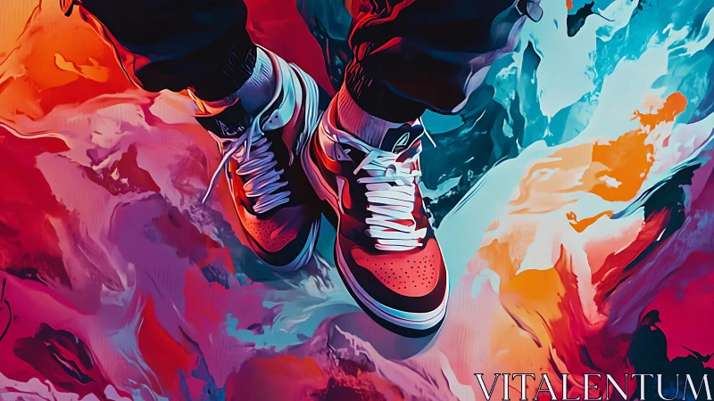 Street sneakers hover above abstract neon paint vortex
