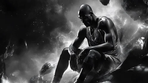 Monochrome digital artwork of seated basketball player figure.