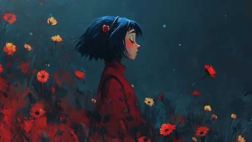 Girl in red coat stands in chromatic contrast amid wildflowers