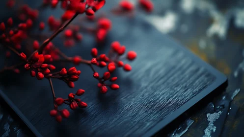 Red berry branch on dark rectangular surface in shallow focus.