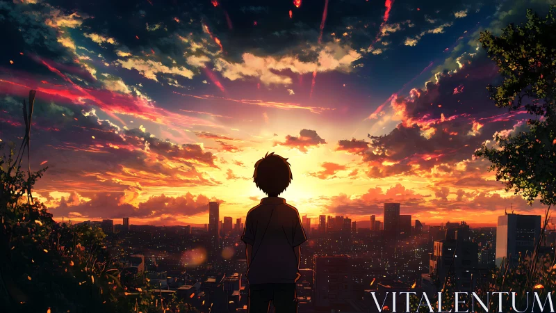 Sunset city skyline embraced by a thoughtful young dreamer.