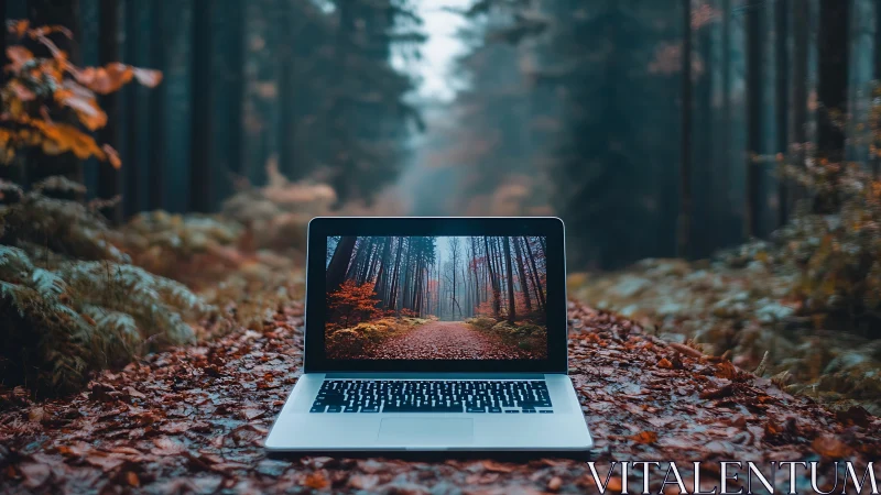 Laptop portal aligning digital display with forest path scene.