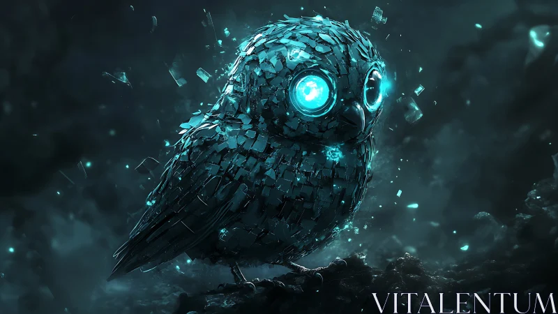 Cybernetic glass owl glows with electric teal shards.