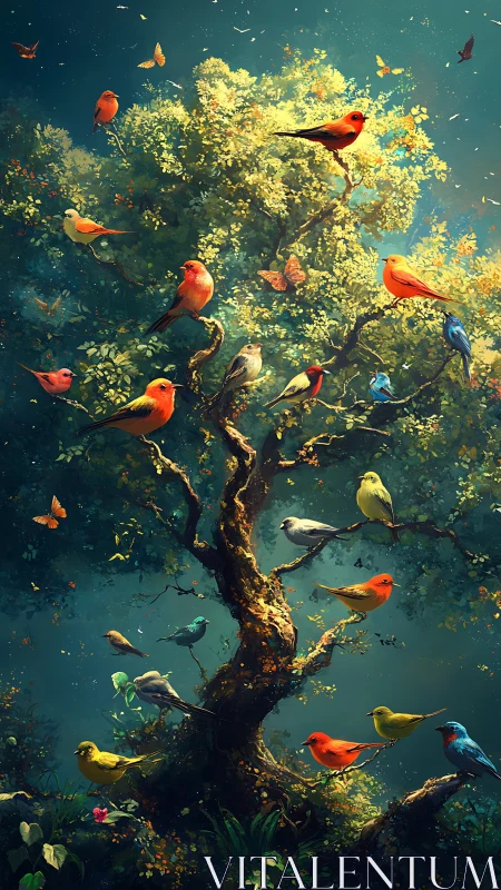 Colorful songbirds distributed across dense forest tree.