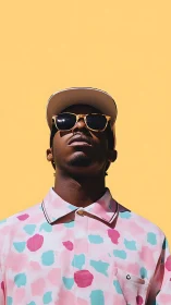 Man in patterned shirt and sunglasses against yellow wall.