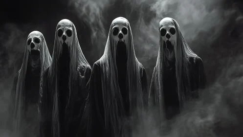 Hooded skull spirits emerge from swirling midnight fog