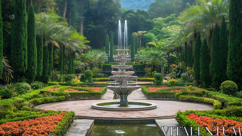 Central tiered fountain aligns with symmetrical formal garden