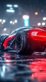 Futuristic supercar glows in neon rain on slick city street