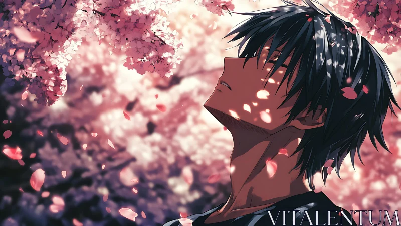 Anime portrait under cascading sakura blossoms in soft focus.