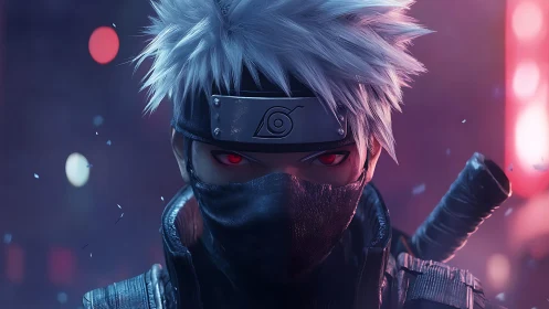 Silent masked warrior meets the neon night with calm power