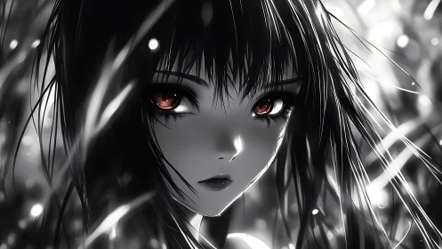 Monochrome close-up of long-haired anime girl portrait.