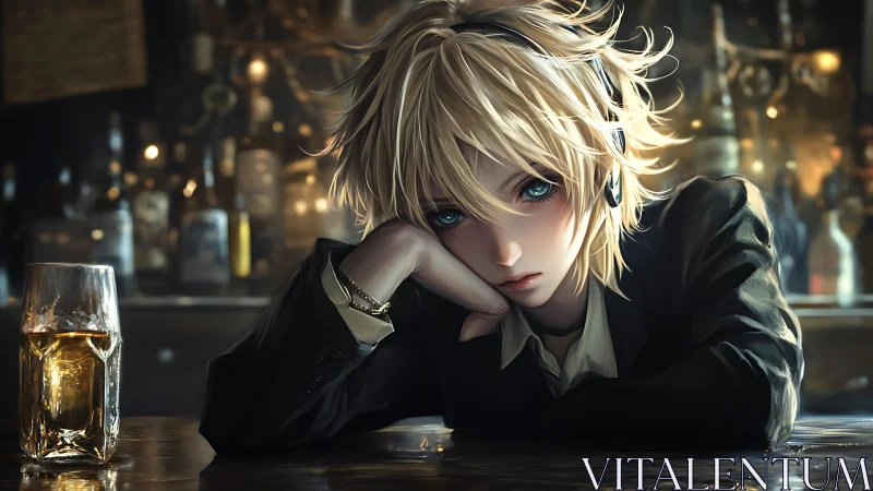 Melancholic blonde youth in bar interior, anime realism study
