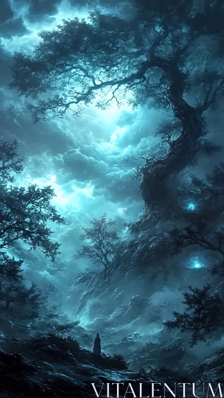 Moonlit titan tree and lone wanderer beneath stormed sky.