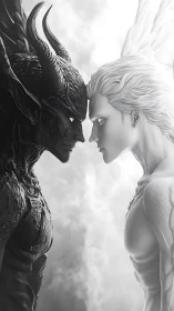 Angel and demon confront each other in stark monochrome contrast.