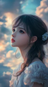 Dreamy anime girl gazes upward beneath glowing clouds